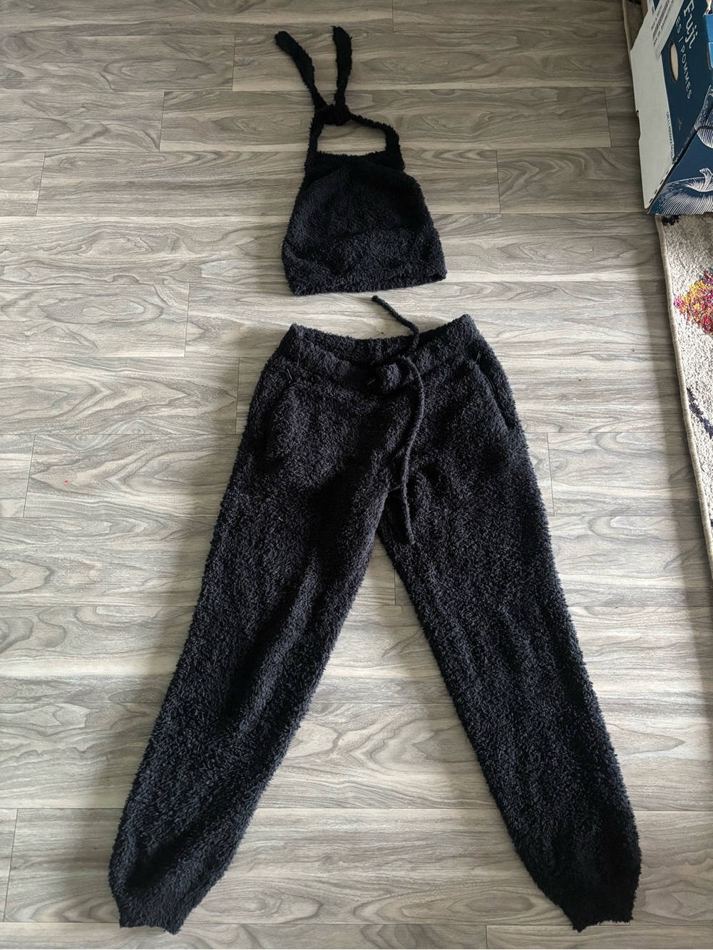 SKIMS Black Plush Drawstring Joggers and matching halter top
